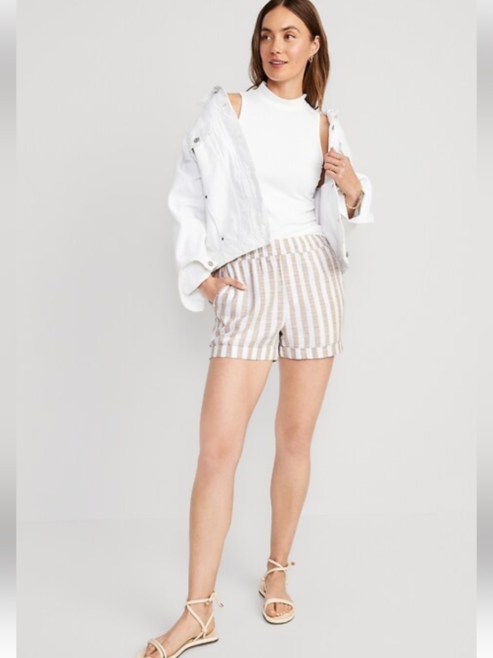 Old Navy White and Tan Striped Linen-Blend Shorts